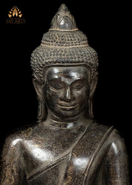 12" Cambodian Bronze Buddha Statue in Meditation on Lotus Base Antique Finish