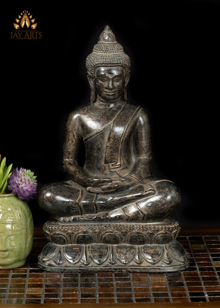 12" Cambodian Bronze Buddha Statue in Meditation on Lotus Base Antique Finish