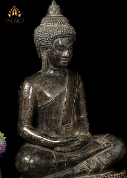 12" Cambodian Bronze Buddha Statue in Meditation on Lotus Base Antique Finish