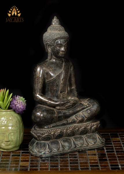 12" Cambodian Bronze Buddha Statue in Meditation on Lotus Base Antique Finish