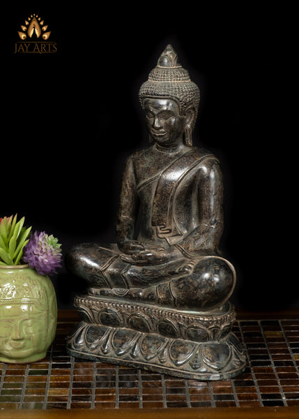 12" Cambodian Bronze Buddha Statue in Meditation on Lotus Base Antique Finish