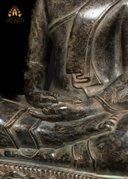 12" Cambodian Bronze Buddha Statue in Meditation on Lotus Base Antique Finish