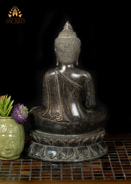 12" Cambodian Bronze Buddha Statue in Meditation on Lotus Base Antique Finish