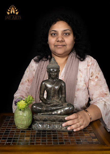 12" Cambodian Bronze Buddha Statue in Meditation on Lotus Base Antique Finish