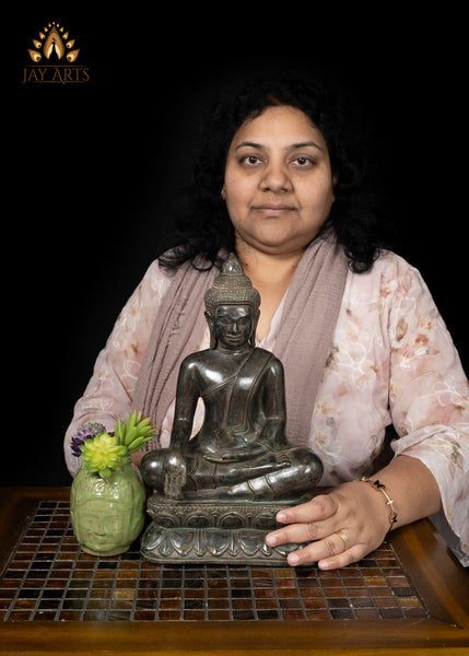12" Cambodian Bronze Buddha Statue on Lotus Base in Earth Touching Gesture