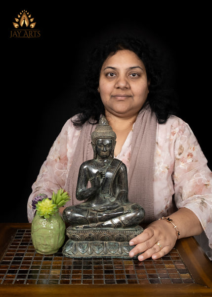 12" Cambodian Bronze Buddha Statue in Vitarka Mudra on Lotus Base Antique Finish