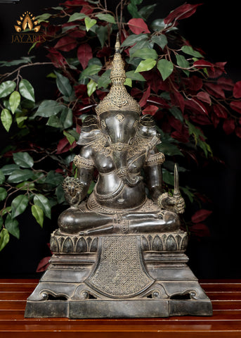 23" Bronze Ganesh seated on a raised pedestal - Antique Khmer Style Cambodian Ganesh Statue
