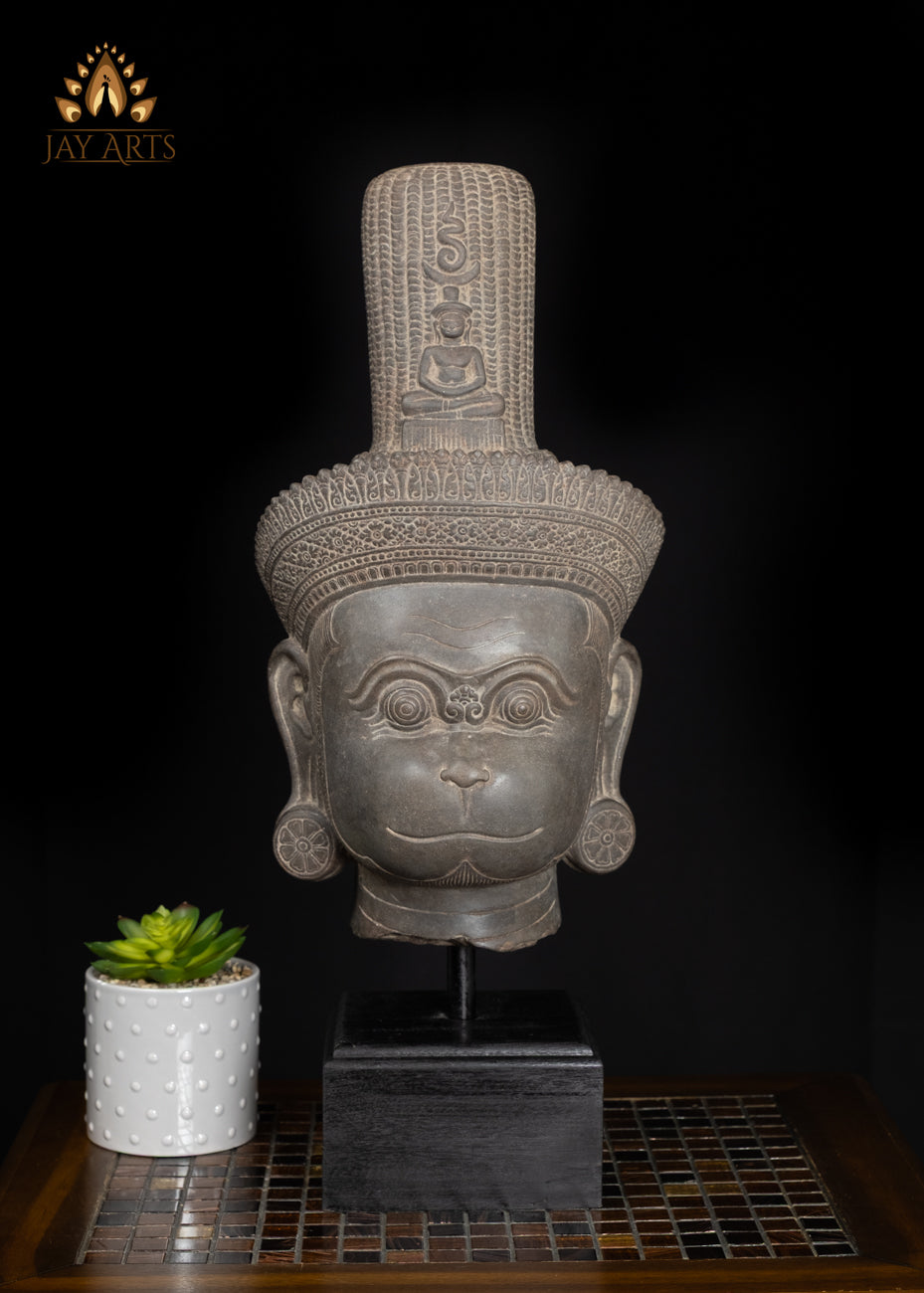 22" Serene Hanuman Head in Sandstone on Wooden Base Spiritual Accent from Cambodia