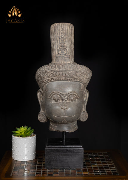 22" Serene Hanuman Head in Sandstone on Wooden Base Spiritual Accent from Cambodia