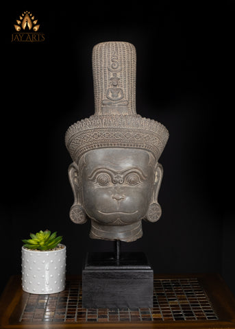 22" Serene Hanuman Head in Sandstone on Wooden Base Spiritual Accent from Cambodia