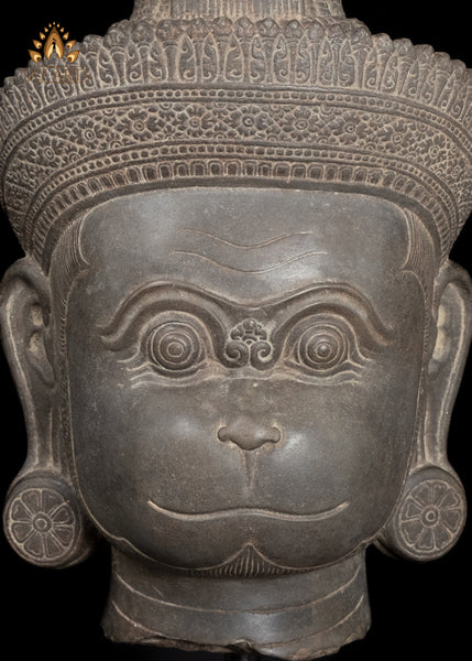 22" Serene Hanuman Head in Sandstone on Wooden Base Spiritual Accent from Cambodia