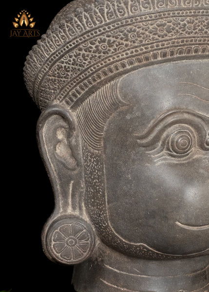 22" Serene Hanuman Head in Sandstone on Wooden Base Spiritual Accent from Cambodia