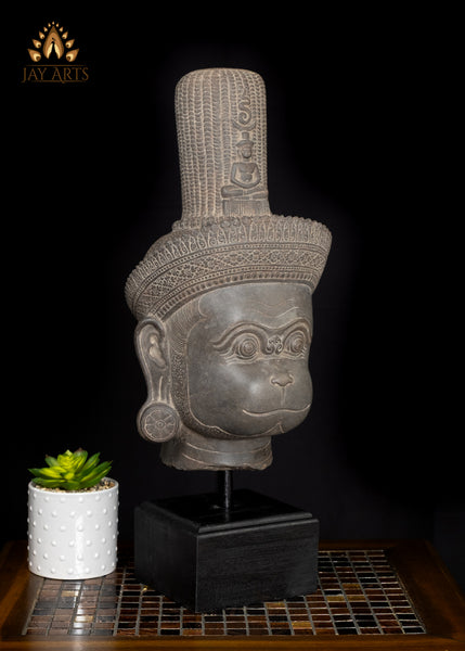 22" Serene Hanuman Head in Sandstone on Wooden Base Spiritual Accent from Cambodia