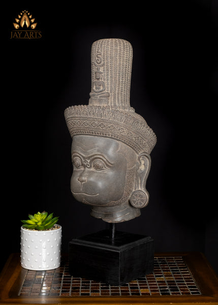 22" Serene Hanuman Head in Sandstone on Wooden Base Spiritual Accent from Cambodia