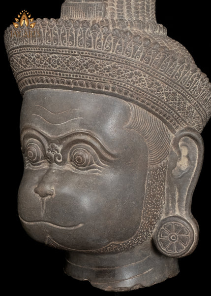 22" Serene Hanuman Head in Sandstone on Wooden Base Spiritual Accent from Cambodia