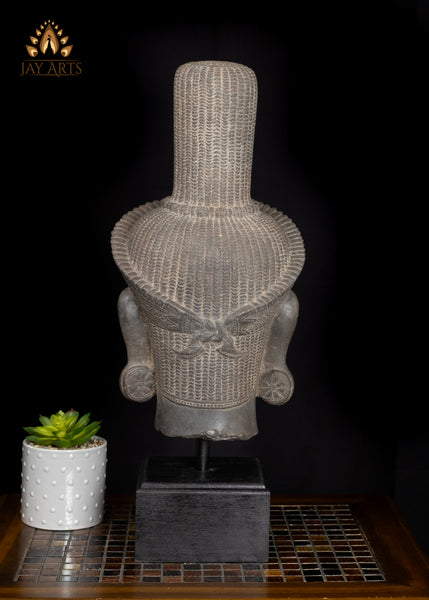 22" Serene Hanuman Head in Sandstone on Wooden Base Spiritual Accent from Cambodia