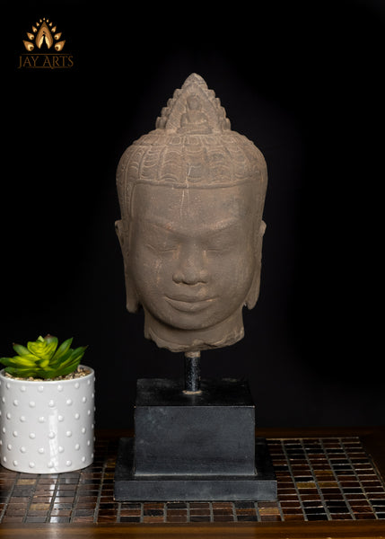 16" Timeless Sandstone Buddha Head Sculpture on Wooden Base from Cambodia
