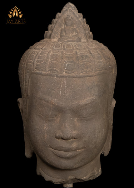 16" Timeless Sandstone Buddha Head Sculpture on Wooden Base from Cambodia