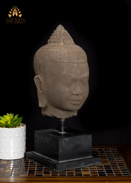 16" Timeless Sandstone Buddha Head Sculpture on Wooden Base from Cambodia