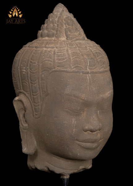 16" Timeless Sandstone Buddha Head Sculpture on Wooden Base from Cambodia
