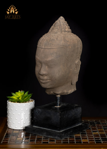 16" Timeless Sandstone Buddha Head Sculpture on Wooden Base from Cambodia