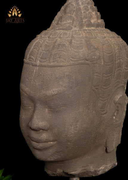16" Timeless Sandstone Buddha Head Sculpture on Wooden Base from Cambodia