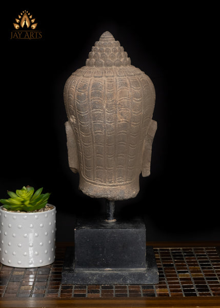 16" Timeless Sandstone Buddha Head Sculpture on Wooden Base from Cambodia