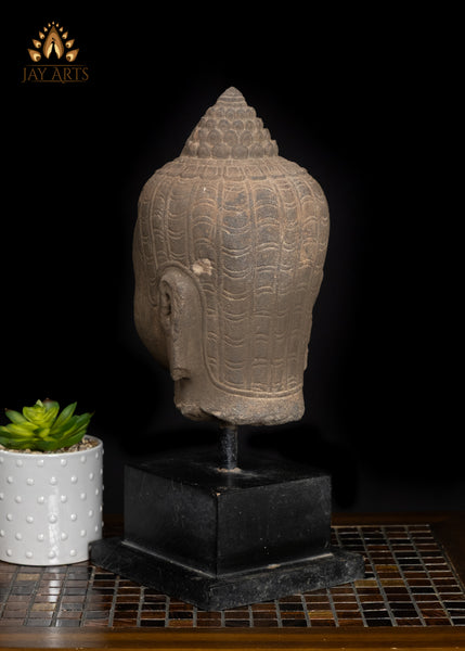 16" Timeless Sandstone Buddha Head Sculpture on Wooden Base from Cambodia