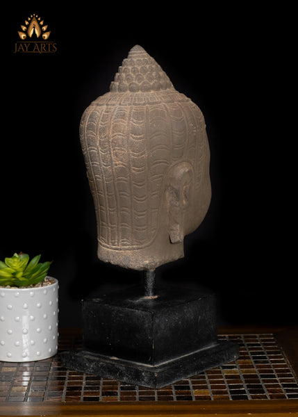 16" Timeless Sandstone Buddha Head Sculpture on Wooden Base from Cambodia