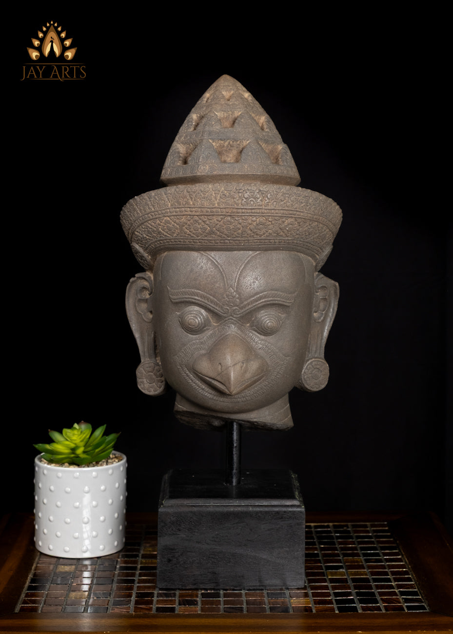 20" Sandstone Garuda Guardian Statue with Sharp Beak – Cambodian Craftsmanship
