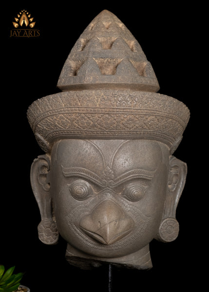 20" Sandstone Garuda Guardian Statue with Sharp Beak – Cambodian Craftsmanship