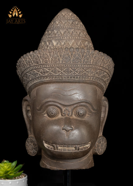 20" Cambodian Sandstone Hanuman Head with Bayon-Style Headdress on Wooden Base