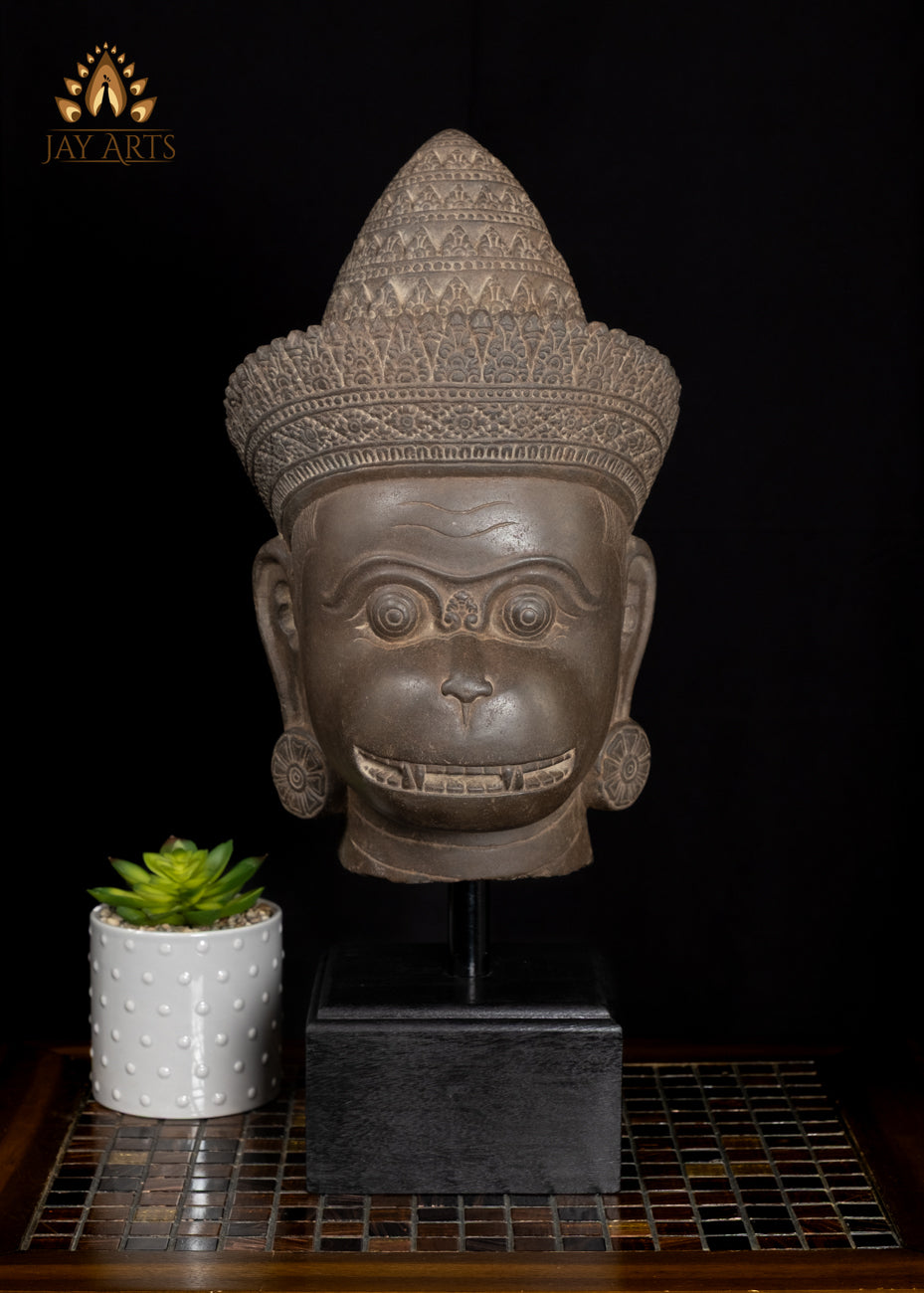 20" Cambodian Sandstone Hanuman Head with Bayon-Style Headdress on Wooden Base
