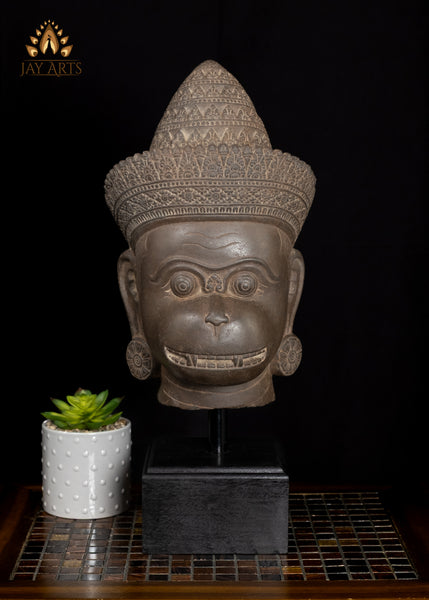 20" Cambodian Sandstone Hanuman Head with Bayon-Style Headdress on Wooden Base
