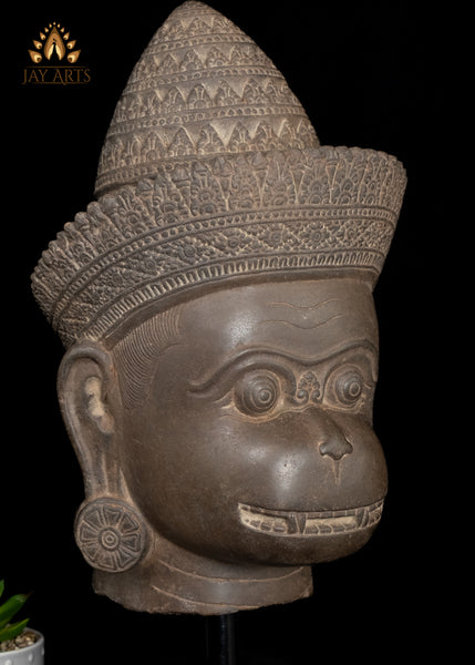 20" Cambodian Sandstone Hanuman Head with Bayon-Style Headdress on Wooden Base