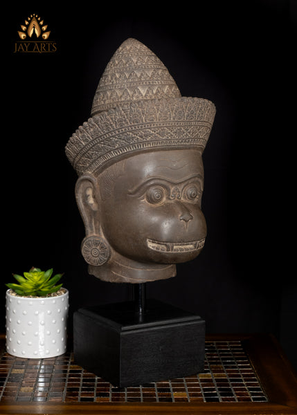 20" Cambodian Sandstone Hanuman Head with Bayon-Style Headdress on Wooden Base