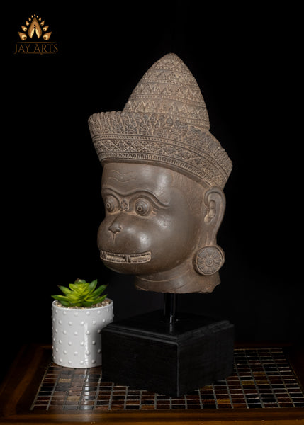20" Cambodian Sandstone Hanuman Head with Bayon-Style Headdress on Wooden Base