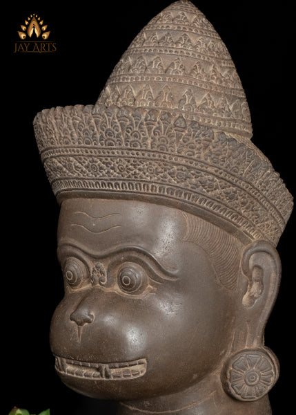 20" Cambodian Sandstone Hanuman Head with Bayon-Style Headdress on Wooden Base