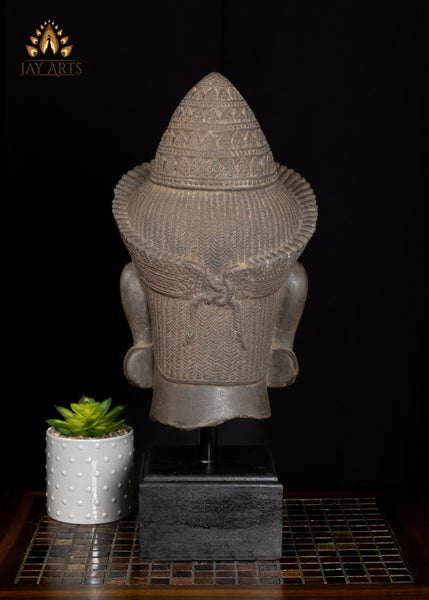 20" Cambodian Sandstone Hanuman Head with Bayon-Style Headdress on Wooden Base