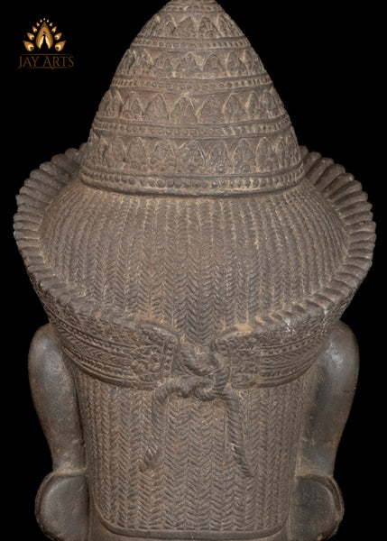 20" Cambodian Sandstone Hanuman Head with Bayon-Style Headdress on Wooden Base