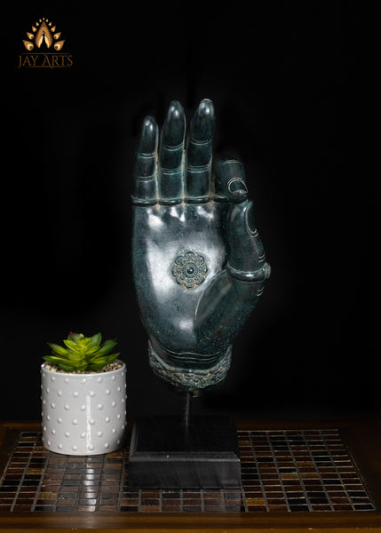 17" Cambodian Bronze Vitarka Mudra Hand Decor Piece on Wooden Base