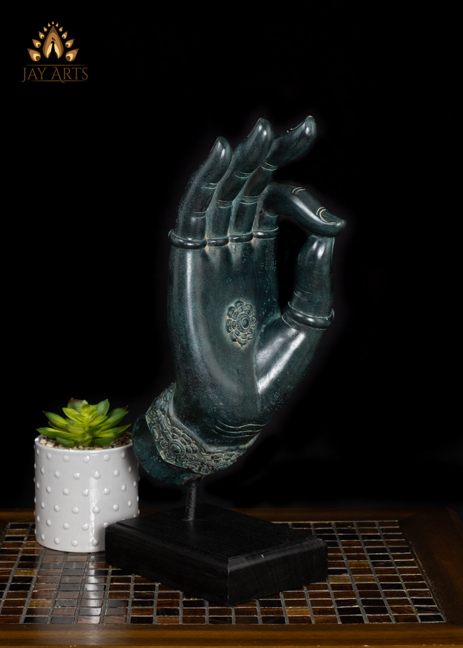 17" Cambodian Bronze Vitarka Mudra Hand Decor Piece on Wooden Base