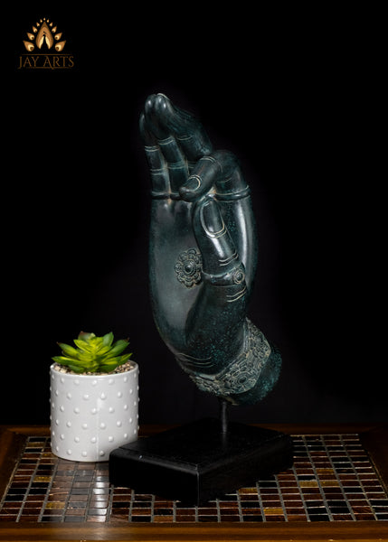 17" Cambodian Bronze Vitarka Mudra Hand Decor Piece on Wooden Base