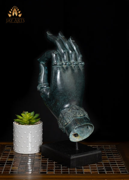 17" Cambodian Bronze Vitarka Mudra Hand Decor Piece on Wooden Base