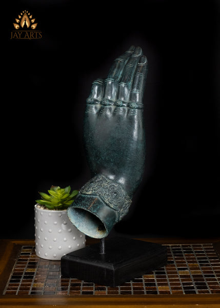 17" Cambodian Bronze Vitarka Mudra Hand Decor Piece on Wooden Base