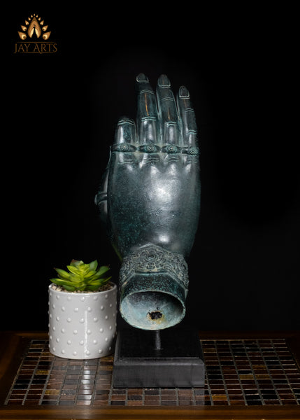 17" Cambodian Bronze Vitarka Mudra Hand Decor Piece on Wooden Base