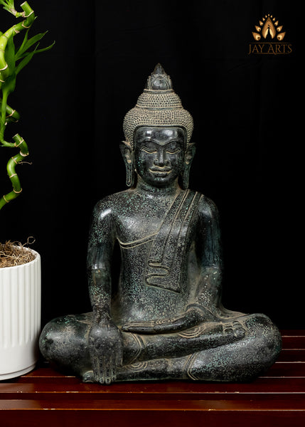 Earth Touching Buddha 17” - Bronze Khmer Buddha Statue in Bhumisparsha Mudra - Earth Witness Cambodian Buddha