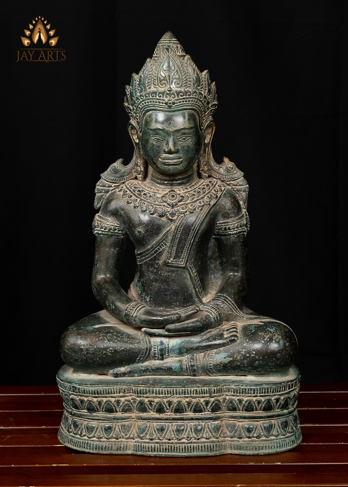 Buddha in Meditation (Dhyana Mudra) 17" - Antique Bayon Style Bronze Buddha Statue