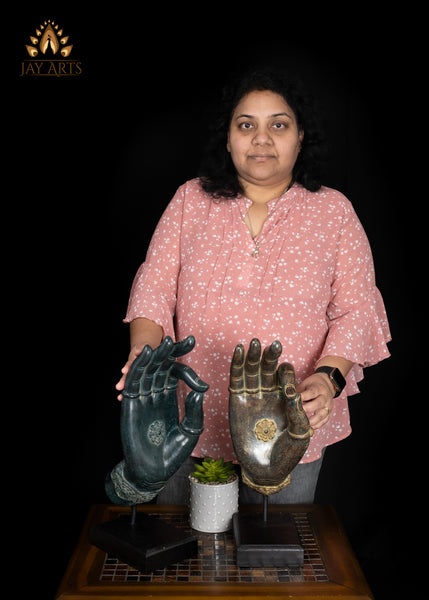 17" Cambodian Bronze Vitarka Mudra Hand Decor Piece on Wooden Base