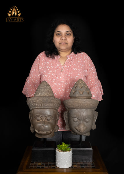 20" Cambodian Sandstone Hanuman Head with Bayon-Style Headdress on Wooden Base
